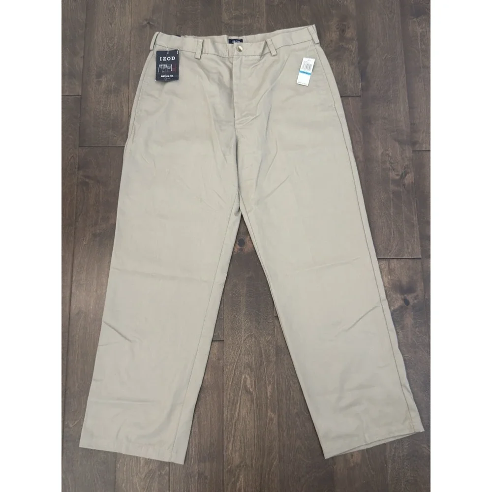 NWT Izod Mens Beige Flat Front American Chino Metrix Fit Pants Size 36X32 Cotton